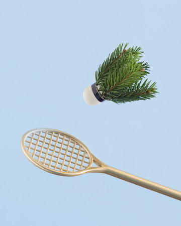 Creative New Year's card with golden badminton racket and shuttlecock made of green Christmas tree branches on isolated pastel blue background. Minimal abstract Xmas concept.の写真素材
