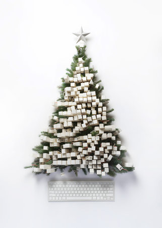 Christmas tree made of fir branches with ornaments made of Keyboard keys on isolated white background. Invitation, greeting or gift Xmas card. Computer store or repair service.の素材