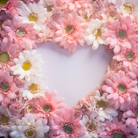 Heart shaped pastel negative space with border made of pink and white flowers. Blooming background. Love concept. Valentines, wedding or birthday greeting, invitation or gift card.の素材