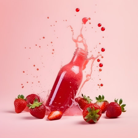 Bottle of strawberry juice with splashes and fresh berries on pastel pink background. Summer fruit idea. Natural beverage rich in anthocyanins and flavonoids. Minimal food concept.の素材