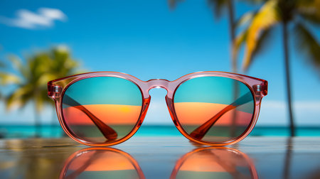Sunglasses with reflection on sea water on tropical beach background. Natural concept of summer vacation, travel, tourism, leisure or relaxation. Colorful seascape on ocean shore.の素材