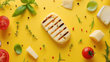 Different types of cheese including grilled goat cheese, tomatoes, herbs, spices, on isolate bright yellow background, flat lay. Mediterranean diet concept. Food top view pattern.の素材