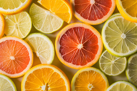 Natural background made of slices of lemons, grapefruits, blood oranges. Flat lay, top view. Food concept. Sources of antioxidants, vitamin C. Closeup allover citrus fruit texture.の素材