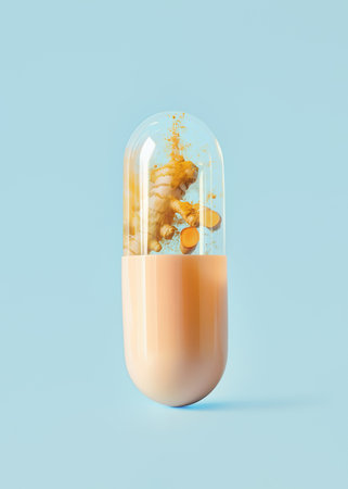 Capsule with turmeric root and powder on isolated pastel blue background. Concept of pharmacology, traditional medicine, curcumin natural supplements. Pills to reduce inflammation.の素材