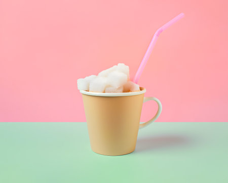 Refreshing drink in a cup with a sugar cubes and straw on isolated pastel pink and green background. The concept of food and beverages with high amounts of added or extra sugar.の素材