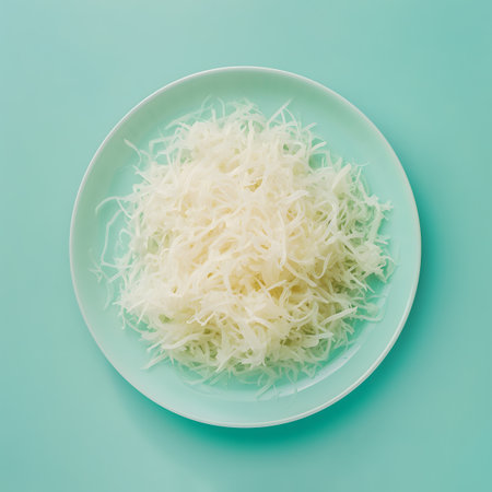 Sauerkraut in plate on pastel blue background. Food for immunity rich in vitamin C, probiotics, minerals. Fermented cabbage side dish. Vegetable food concept. Minimal flat lay.の素材