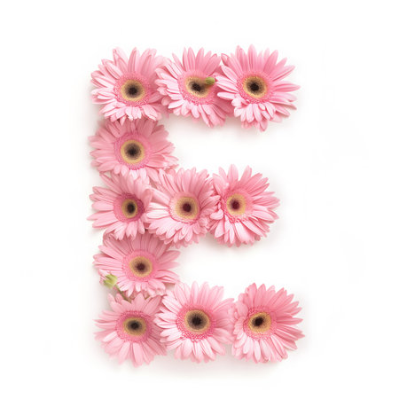 Capital letter E made of pink gerber daisy flowers on isolated white background. Flat lay. Blooming font. Floral alphabet concept. Valentines, wedding, greeting, gift, love card.の素材