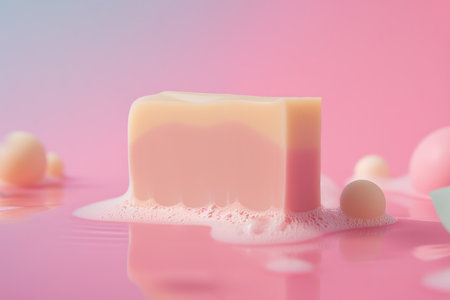Natural handmade soap bar with splashes of soap lather on pastel pink background. Concept of hygiene, wellness, body care, skin care, spa therapy or washing. Close-up.の素材