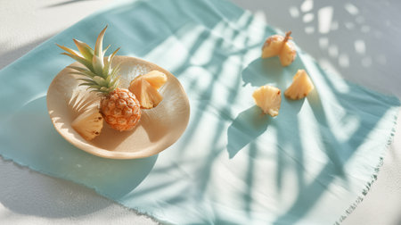 Minimalist summer fruit concept. Pineapple pieces on white background with pastel blue linen cloth. Sun and shadows. Raw food, source of manganese, vitamin C and enzyme bromelain.の素材