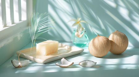 Coconut oil bar or natural soap and fresh coconuts on pastel turquoise background, morning sunlight with shadows. Concept of hygiene, wellness, relaxation, natural treatments, spa.の素材