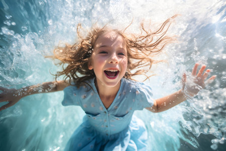 Portrait of cute little girl splashing in water on hot summer day. Concept of having fun, leisure activity, playing in a sea, diving, swimming, summer vacation or happy childhood.の素材