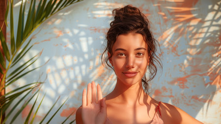 Summer portrait of calm young brunette woman in palm shadow, isolated pastel background. Natural beauty concept. Setting healthy boundaries in relationships. Hand gesture for nope.の素材