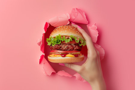 Woman's hand takes hamburger from paper hole on isolated pastel pink background. Woman eats a sandwich with salad and barbecue or grilled meat. Junk food or fast food concept.の素材