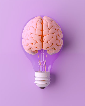 Light bulb with human brain model inside on isolated pastel purple background. Top view, minimal flat lay. Concept of creative ideas, innovation, invention. Brainstorm symbol.の素材