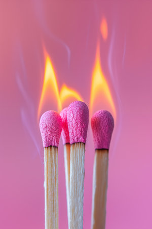Wooden matchsticks burning on isolated pastel pink background. Minimal abstract creative concept of emotional, mental and physical burnout, mental health, stress symptoms.の素材