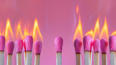 Burning matches, isolated pastel pink background. Minimal abstract creative concept. Crowd psychology, influence, independence, isolation, pandemic, burnout, stress, mental health.の素材