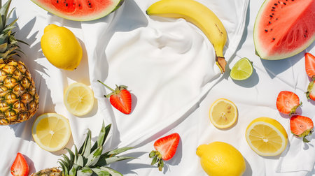 Colorful summer fruit pattern made of pineapples, lime, watermelon, lemons and bananas on white tablecloth in sunlight. Top view background. Flat lay, copy space. Raw food concept.の素材