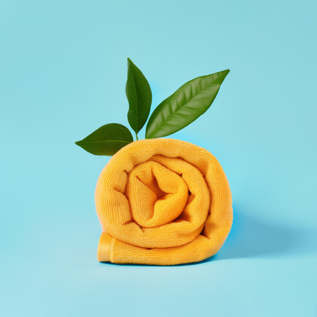 Yellow folded towel with green leaves isolated on pastel blue background. Minimal abstract aesthetic concept of citrus summer fruit, lemon, wellness, wellbeing. Spa still life.の素材
