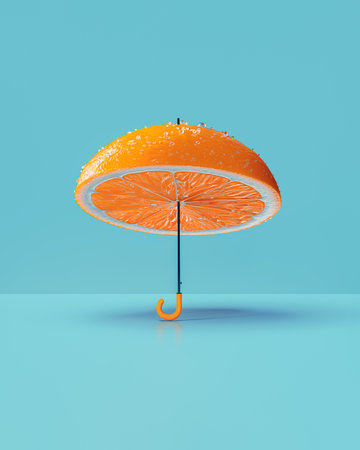 Vibrant juicy orange slice cleverly creates an umbrella on beach, on isolated pastel blue background. Minimal concept of sun protection, summer holiday, citrus fruit refreshment.の素材