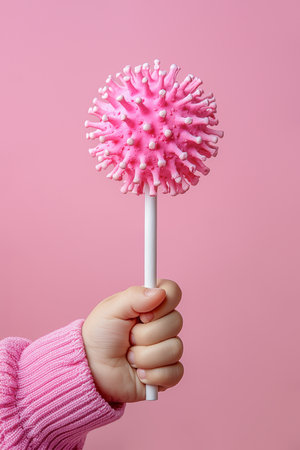 Child's hand grips lollipop shaped like a corona virus on pink background. Minimal concept of innocence in times of health crisis, pandemic, epidemic, spread infection, immunity.の素材