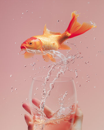 Dynamic motion of vibrant golden fish jumping out of water-filled glass held by human hand,  pink background. Minimal surreal concept of success, freedom, liberation, Christmas.の素材
