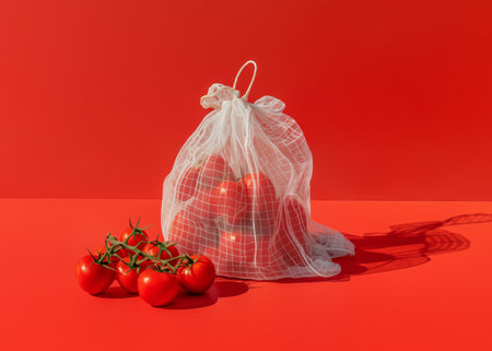 Tomatoes in recyclable, reusable white string bag on red background. Concept of summer vegetables, sustainability, organic food, ecofriendly farming, zero waste. Sun and shadows.の素材