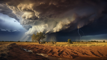 Majestic supercell thunderstorm with lightning strikes, dramatic storm clouds in background. Concept of storm chasing, natural disaster, climate change, nature's fury and beauty.の素材