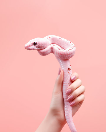 Female hand elegantly holding an artificial pink snake isolated against a soft pink background, fusing realism with art. Minimal creative fashion concept of dangerous woman.の素材