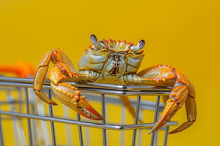 Crab in a shopping cart isolated on a yellow background, close-up. Minimal concept of discount, sale, choice, e-commerce, exotic food or seafood restaurant. Greeting or gift card.の素材