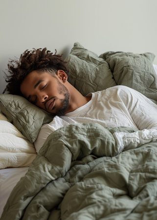 Young tired african american man sleeping in bed with green bedding, at home in the morning. Peaceful relaxed concept of resting, insomnia, tranquility, calmness, serenity, slumberの素材