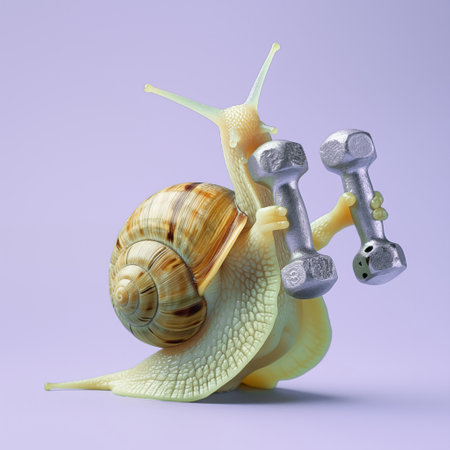 Snail lifting  dumbbells, posed as if embodying strength and determination, on pastel purple background. Creative funny concept of fitness training, slow workout, sport motivation.の素材