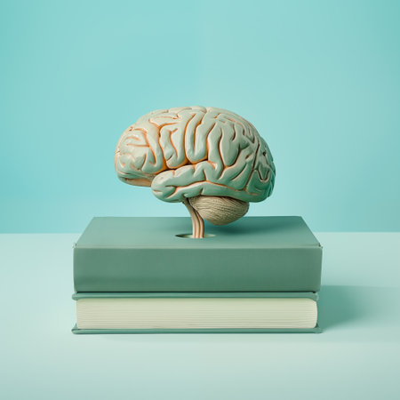 Human brain sits atop a stack of closed books on pastel blue background, symbolizing the fusion of knowledge, intellect, and artistic representation. Creative concept of education.の素材