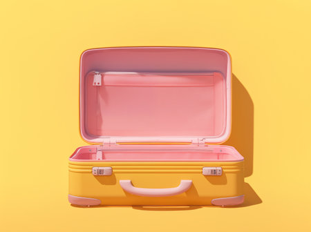 Empty, open pink travel suitcase isolated on yellow background with copy space. Minimal fashion style. Concept of traveling, summer holiday voyage, packing wardrobe, vacation trip.の素材