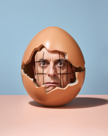 Man's face in broken egg with prison bars drawing. Minimal surreal concept of human emotions, mental illness, anxiety, loneliness, psychiatric disorders, confinement, entrapment.の素材