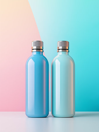 Mockup of two blue plastic reusable water bottles or thermos isolated on pastel pink background. Concept of sustainability, zero waste, eco friendly equipment for sport or travel.の素材
