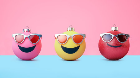 3D render of Christmas baubles with sunglasses on blue and pink backgroundの素材