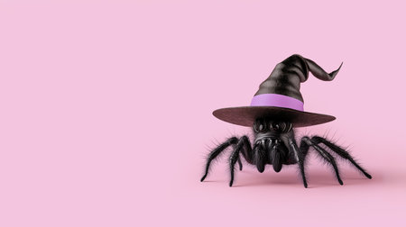 Halloween spider in a witch hat isolated on pastel pink background. Minimal Halloween concept. Creepy, abstract, invitation, greeting or gift card for Halloween october party.の素材