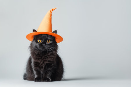 Cute black cat wearing orange witch hat on white background with copy space. Concept of halloween pets, creepy abstract invitation, greeting or gift card, Halloween october party.の素材