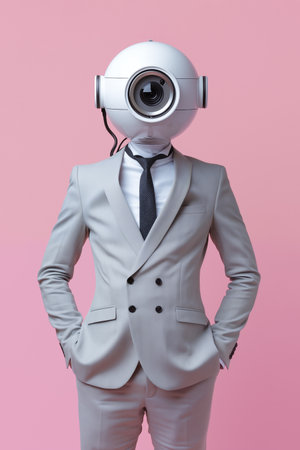 Businessman robot dressed in suit with security camera head, isolated on pink background. Minimal concept of business, technology, monitoring, electronic surveillance, control.の素材