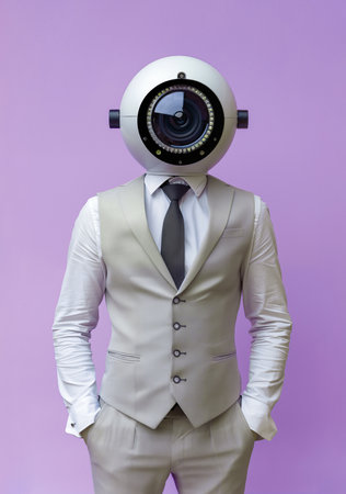 Mannequin businessman robot with security camera head, in suit and tie on purple background. Minimal concept of monitoring, electronic surveillance, control, business, technology.の素材