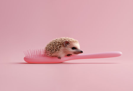 Adorable hedgehog resting on pink hairbrush isolated on pastel background. Funny creative idea about finding soul mate or love partner. Minimal creative concept, Valentines card.の素材