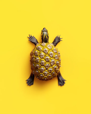 Pineapple in the form of turtle isolated on yellow background. Creative abstract idea of slow effects weight loss diet. Healthy food concept, source of antioxidants and bromelain.の素材