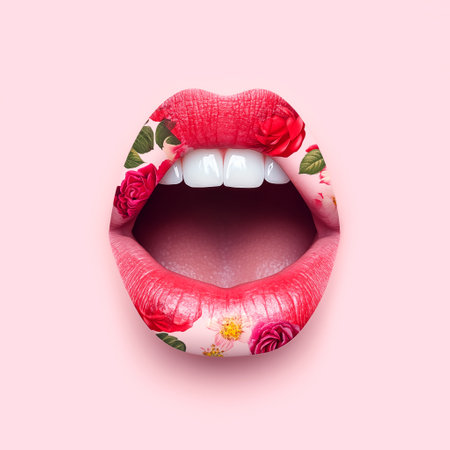 Beautiful female mouth with colorful floral patterns on lips isolated on a pink background, symbolizing beauty, nature, and creative expression. Minimal artistic valentine concept.の素材