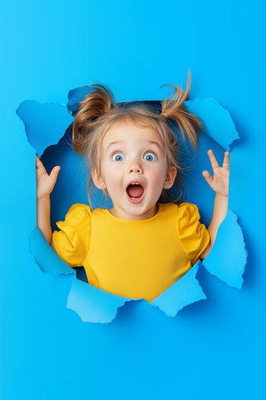 Little girl breaking through vivid blue paper backdrop, wearing yellow top and showing an expression of surprise and excitemented. Concept of children fashion and kids games.の素材