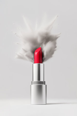 Lipstick with white dust and smoke explosion on a white background. Cosmetic branding, sale and glamour concept, makeup product for luxury beauty brand, holiday sale banner design.の素材