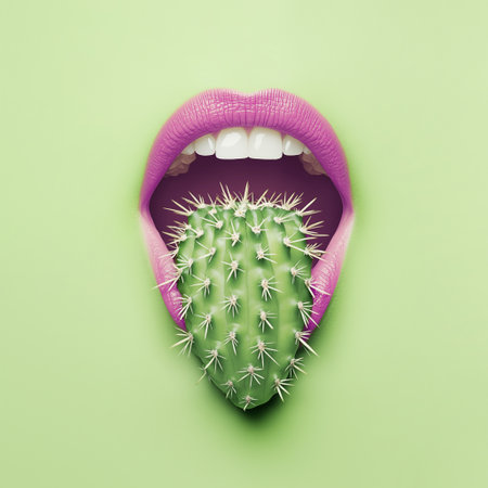 Magenta lips with cactus tongue, combining nature and pop art surrealism, bold and imaginative visual narrative. Minimal concept, hurtful words, hate speech, social media violence.の素材