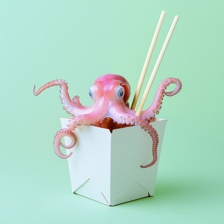 Pink octopus situated in a classic takeout box with chopsticks, isolated on pastel green background. Minimal concept of food, seafood restaurant, mediterranean sea life and cuisineの素材
