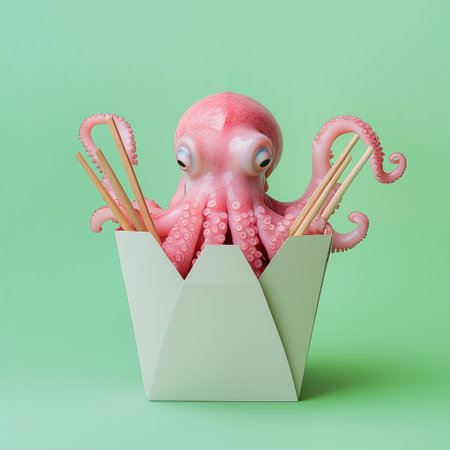 Pink octopus with playful tentacles in classic takeout box with chopsticks, isolated pastel green background. Minimal concept of seafood restaurant, mediterranean food and cuisine.の素材