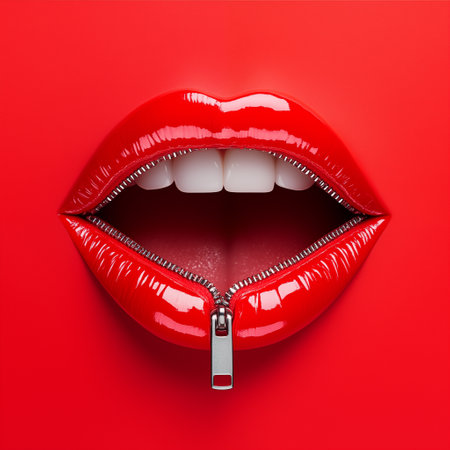 Glossy red lips with a silver zipper enclosure isolated on red background, symbolizing complexity of communication. Surreal concept of keeping a secret, silence, self-expression.の素材