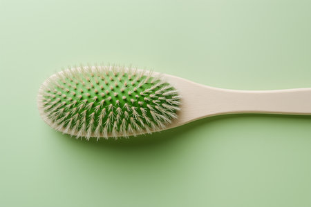 Hairbrush made of prickly fresh cactus, isolated green background, top view. Creative abstract surreal concept, natural haircare, duality beauty and pain, juxtaposition, symbolism.の素材